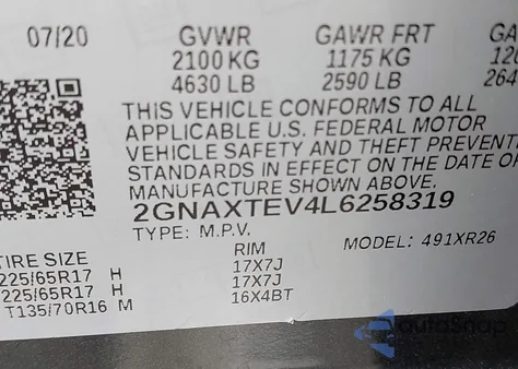 2020 Chevrolet Equinox Awd 2Fl z USA, uszkodzony, nr VIN 2GNAXTEV4L6258319